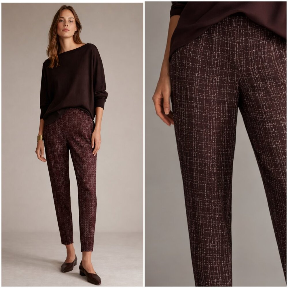 EILEEN FISHER Silk Pants Tapered Printed Oxblood Burgundy Stretch size S Relaxed